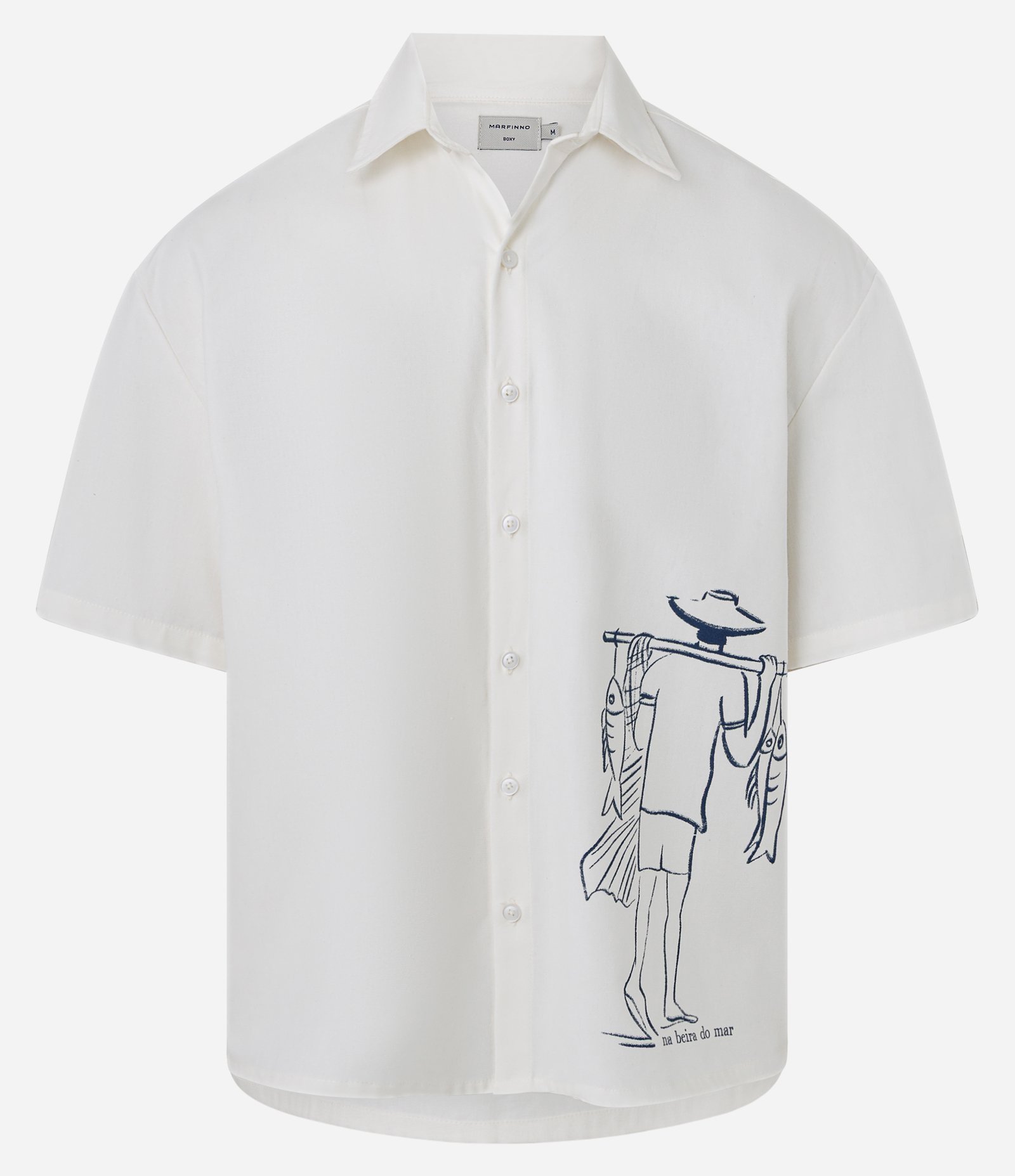Camisa Boxy em Sarja Texturizado com Estampa Pescador e Sereia Branco 1