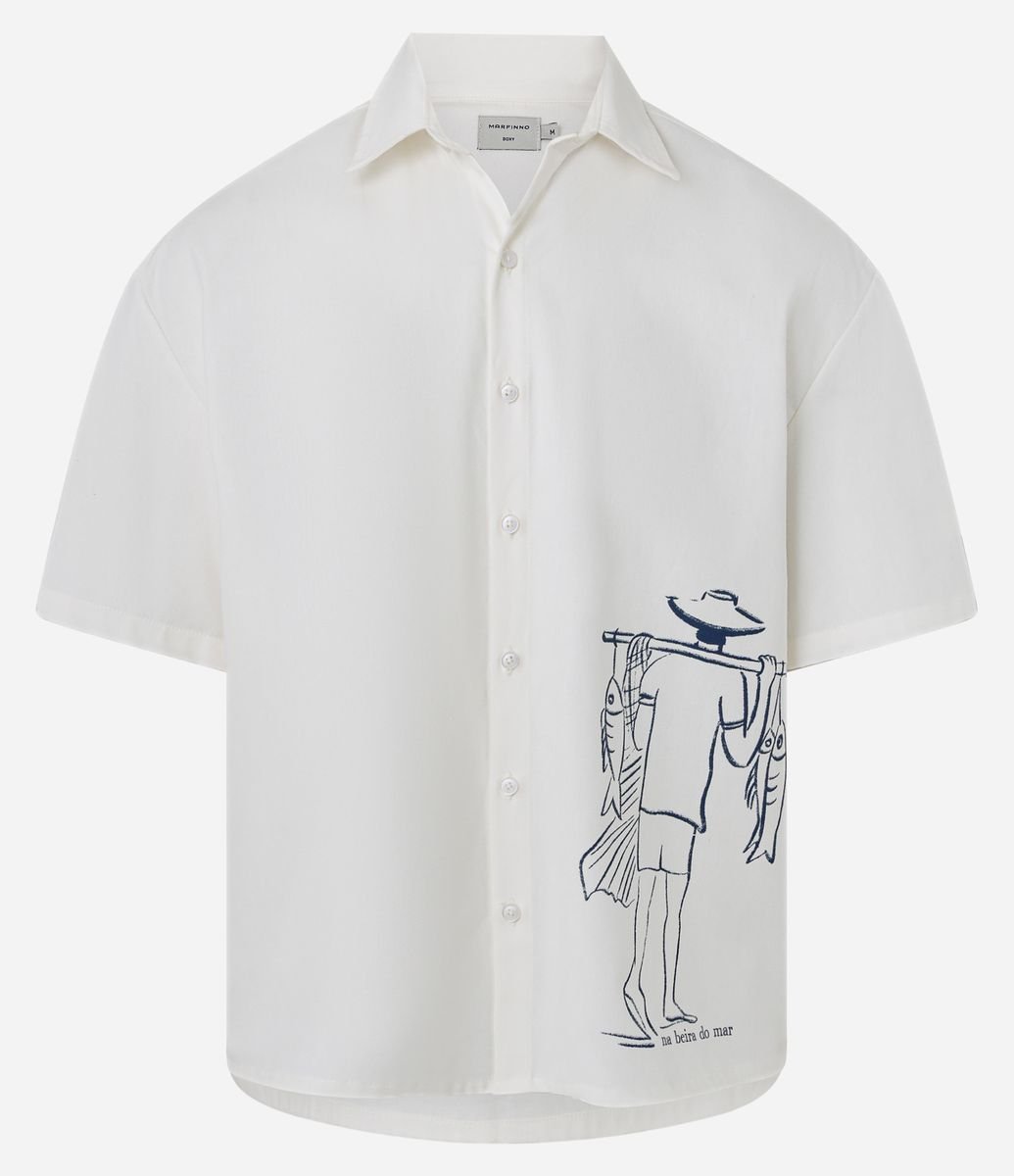 Camisa Boxy em Sarja Texturizado com Estampa Pescador e Sereia Branco