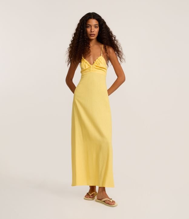 Vestido Long Midi em Viscolinho com Franzido e Aviamento