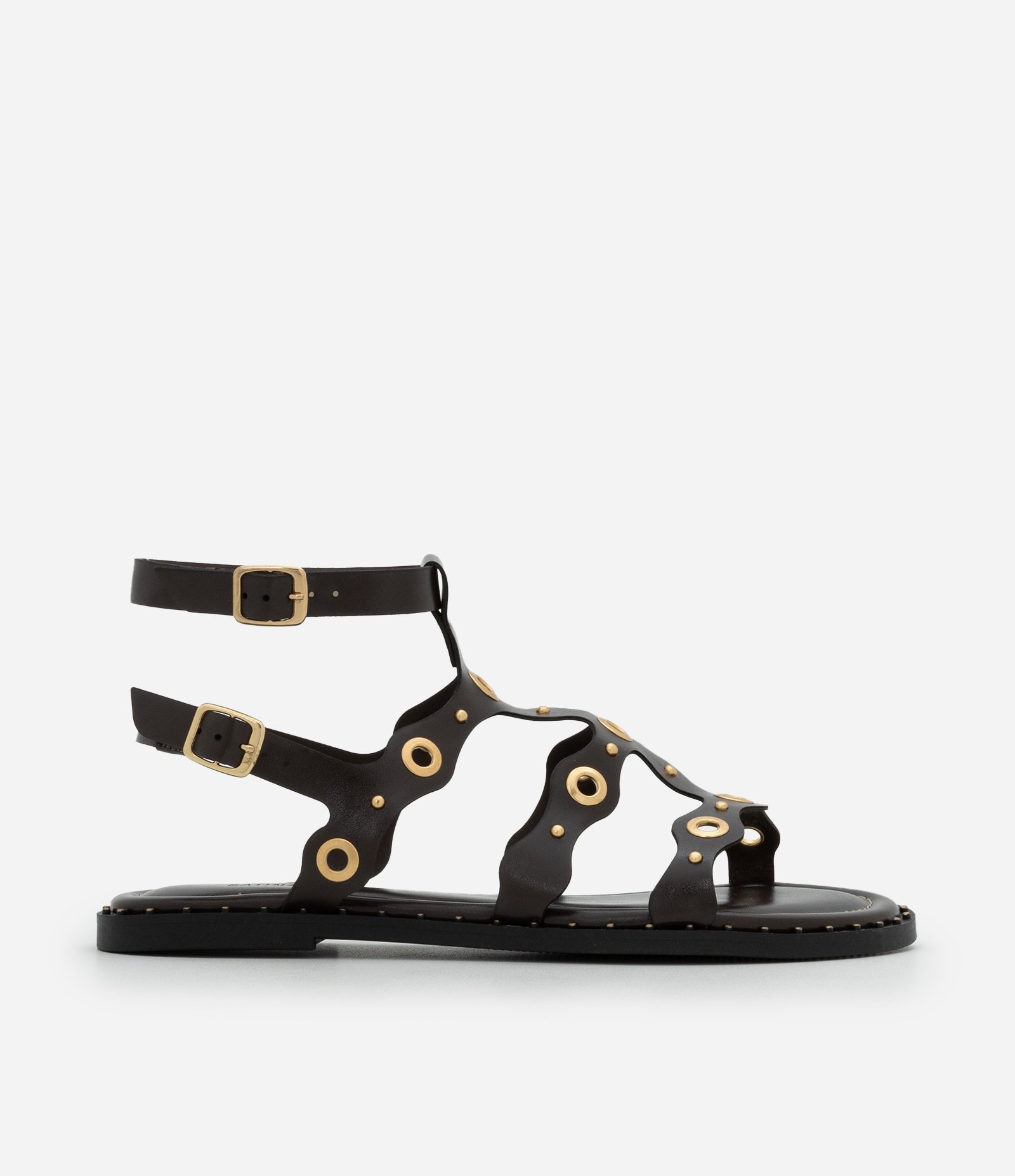 Sandália Rasteira Gladiadora com Detalhes Metálicos Marrom 1