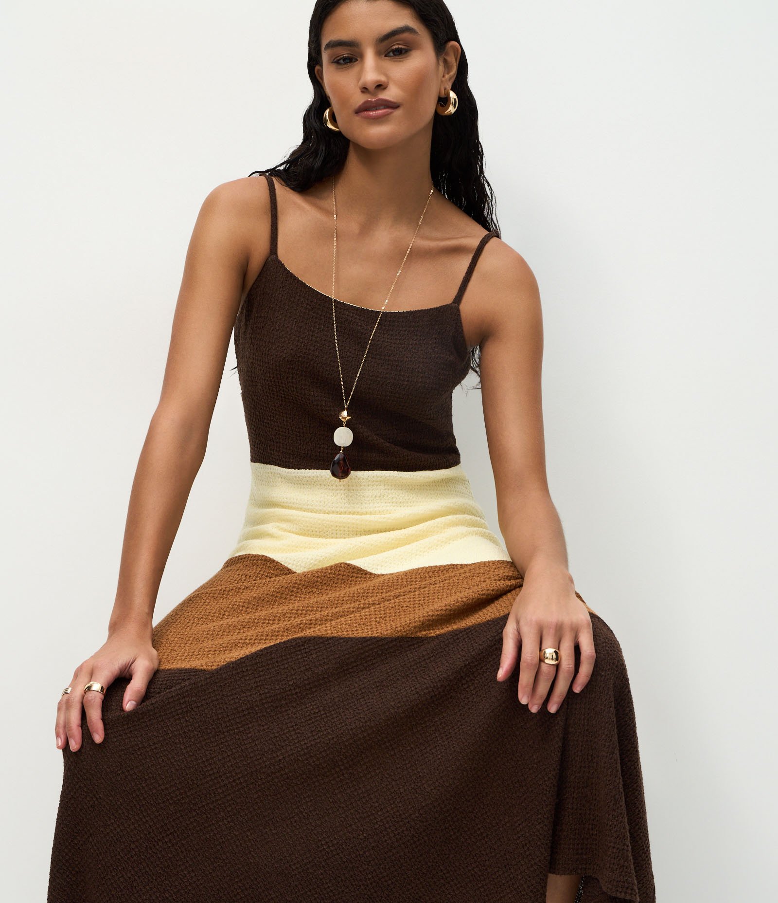 Vestido Longo Tricot Tricolor com Decote Quadrado Marrom 5