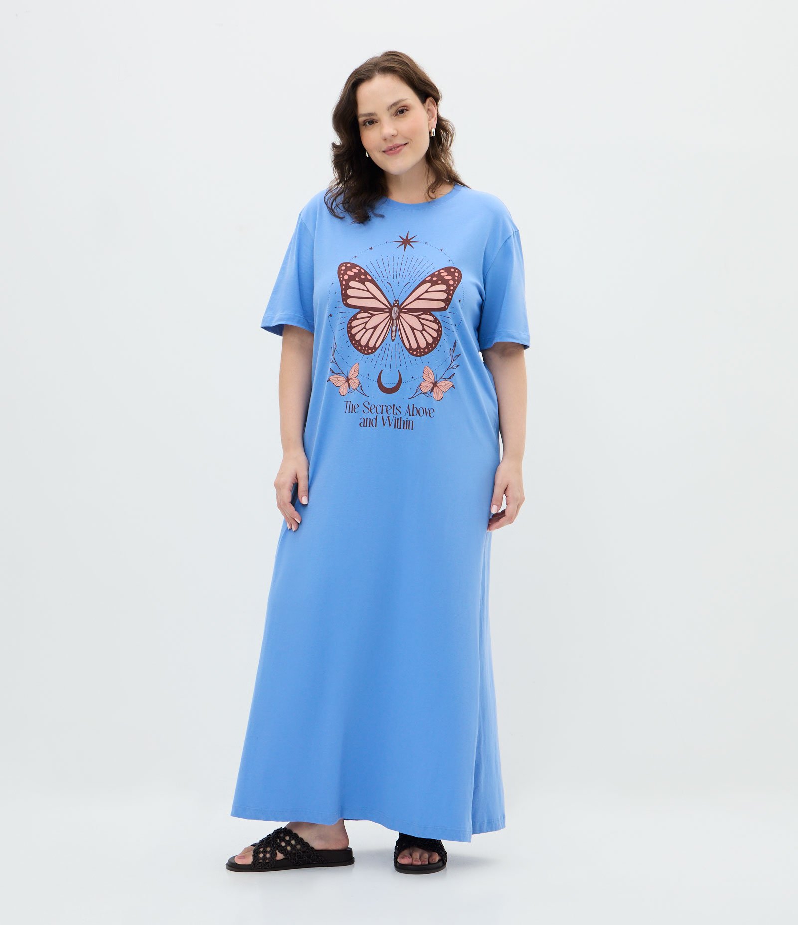 Vestido T-Shirt em Algodão Estampa Borboleta Mística Curve & Plus Size Azul 2