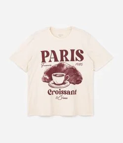 Camiseta Alongada Estampa Paris Croissant e Crème Curve & Plus Size