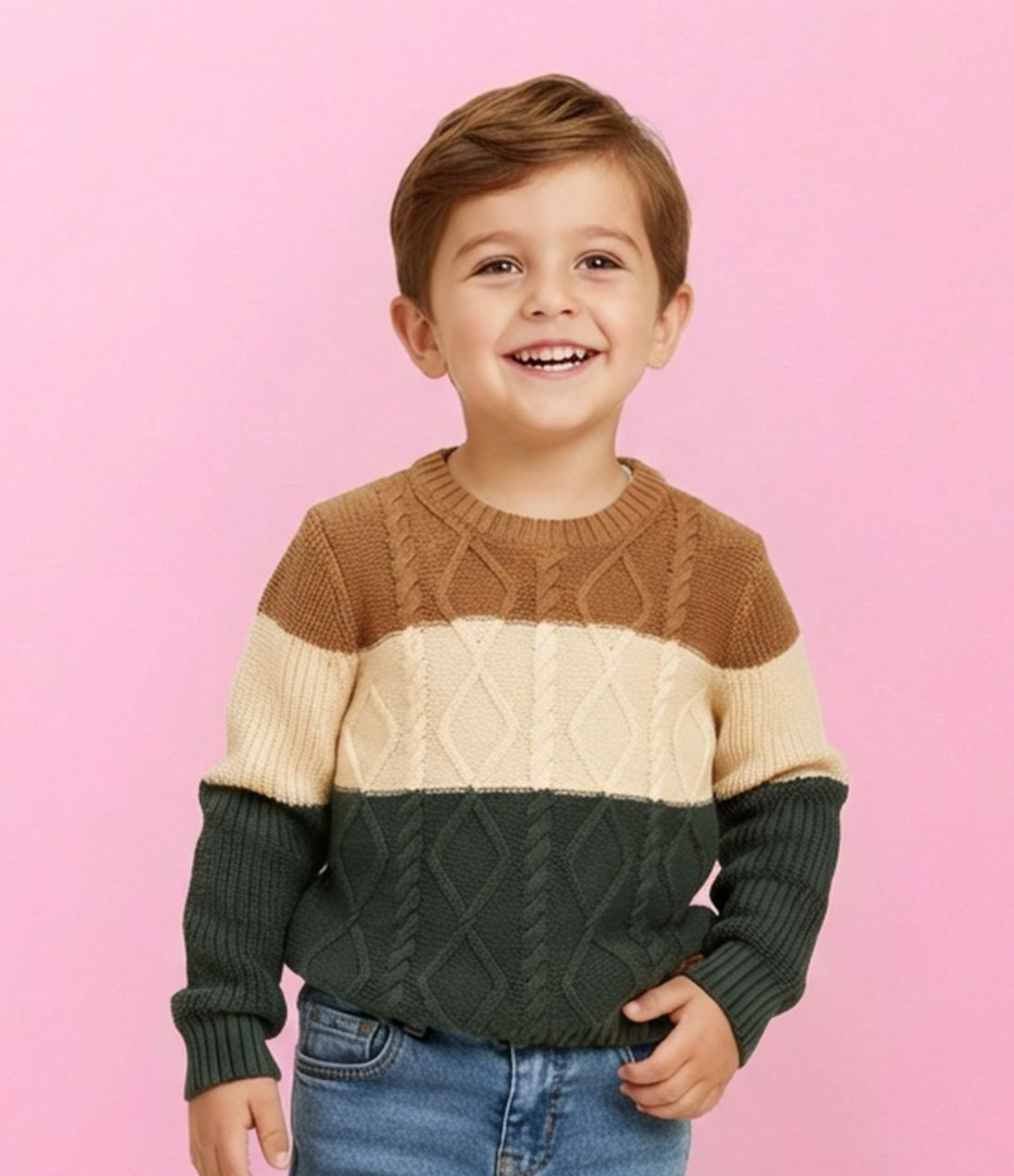 Casaco Infantil em Efeito Tricô Trançados – Tam 1 a 6 Anos Marrom/Bege/Verde 1