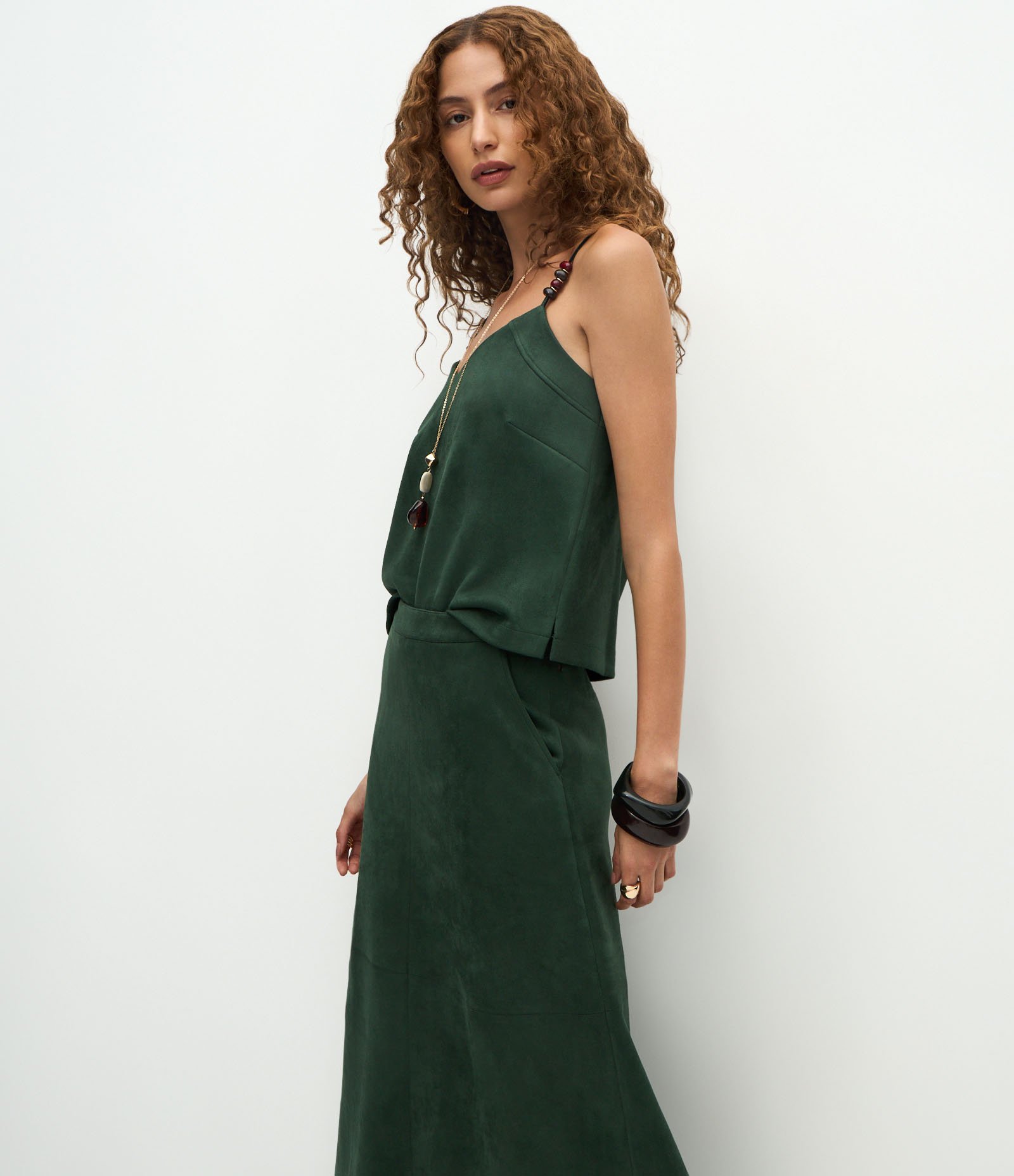 Saia Reta Longa em Suede com Cós Estruturado Verde 2