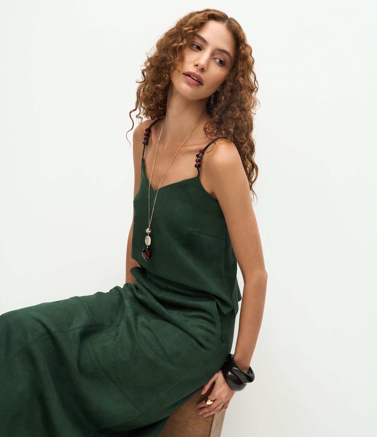 Saia Reta Longa em Suede com Cós Estruturado Verde 5
