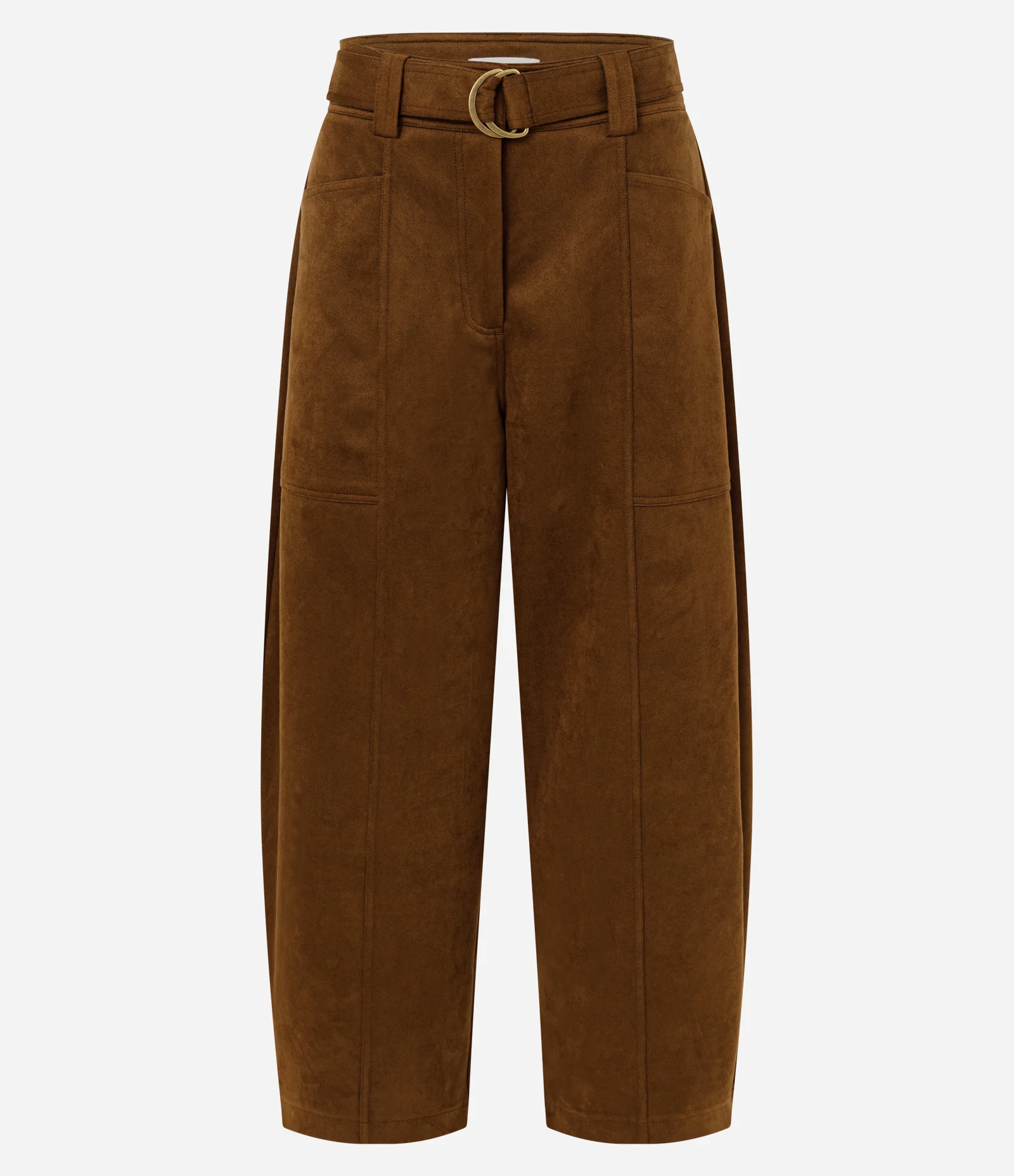 Calça Barrel em Suede com Cós Estruturado e Faixa com Fivela Marrom 5