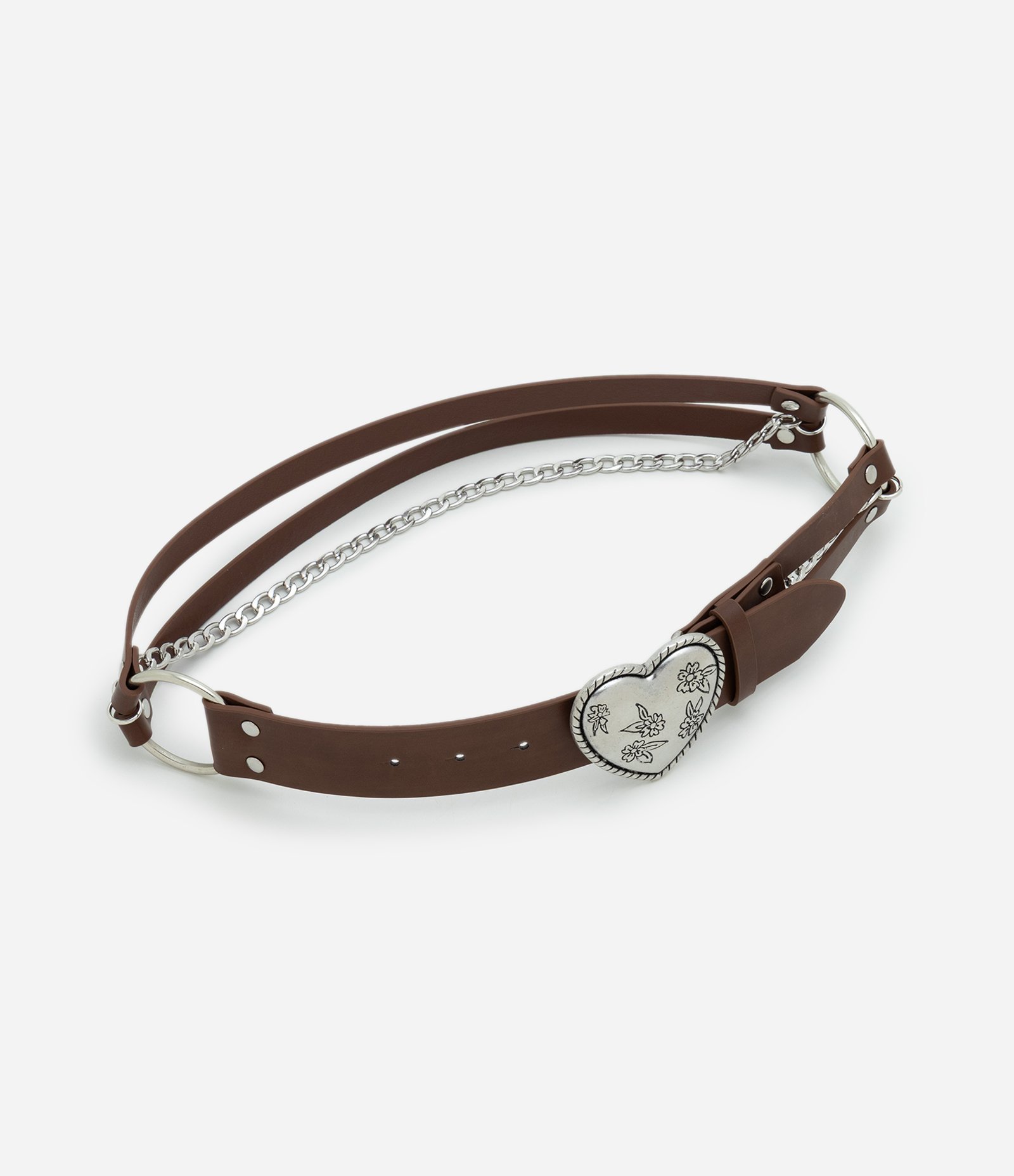 Cinto Boho Largo em PU com Detalhe de Coração e Corrente Marrom 1