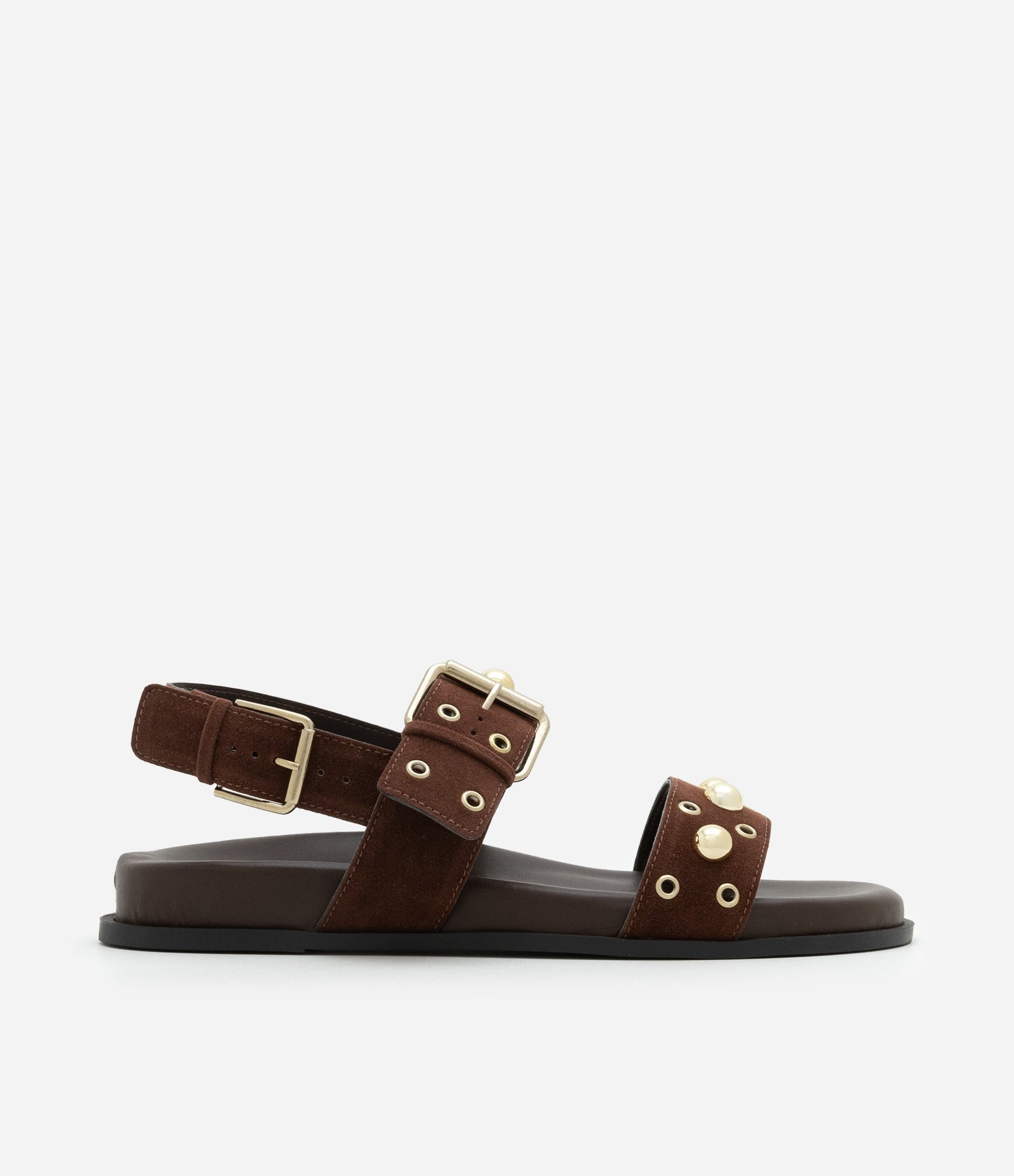 Sandália Sport Sandal Rasteira com Tachinhas e Ilhóses Marrom 1