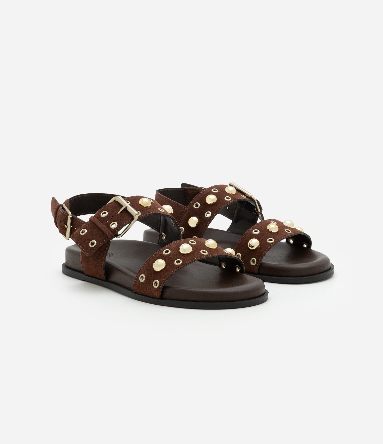Sandália Sport Sandal Rasteira com Tachinhas e Ilhóses Marrom 2