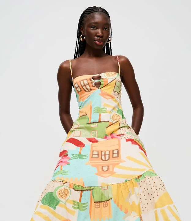 Vestido Longo em Algodão com Estampa Ícones e Alças Trançadas