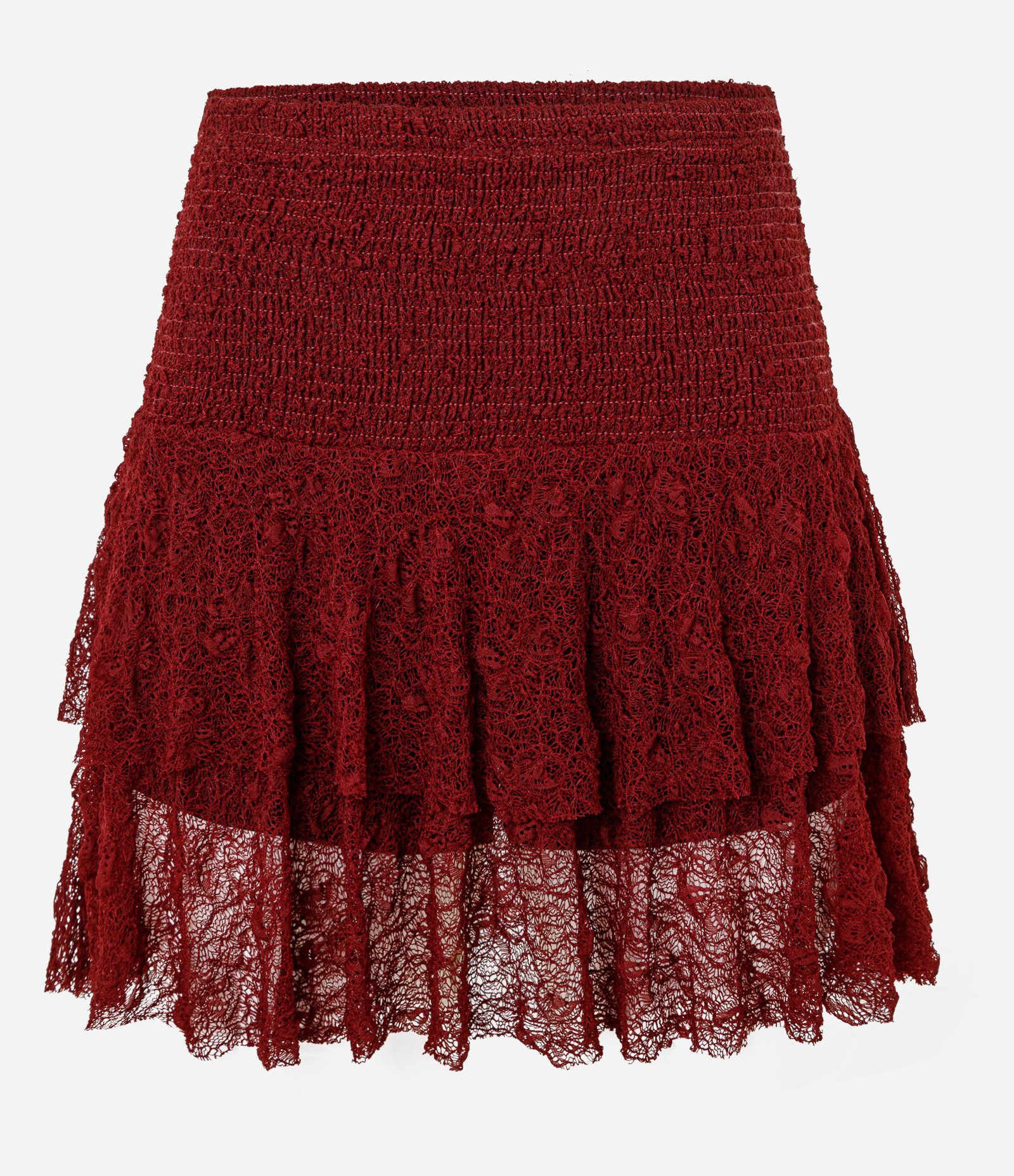 Short Saia em Renda Texturizada com Babados Bordô 5