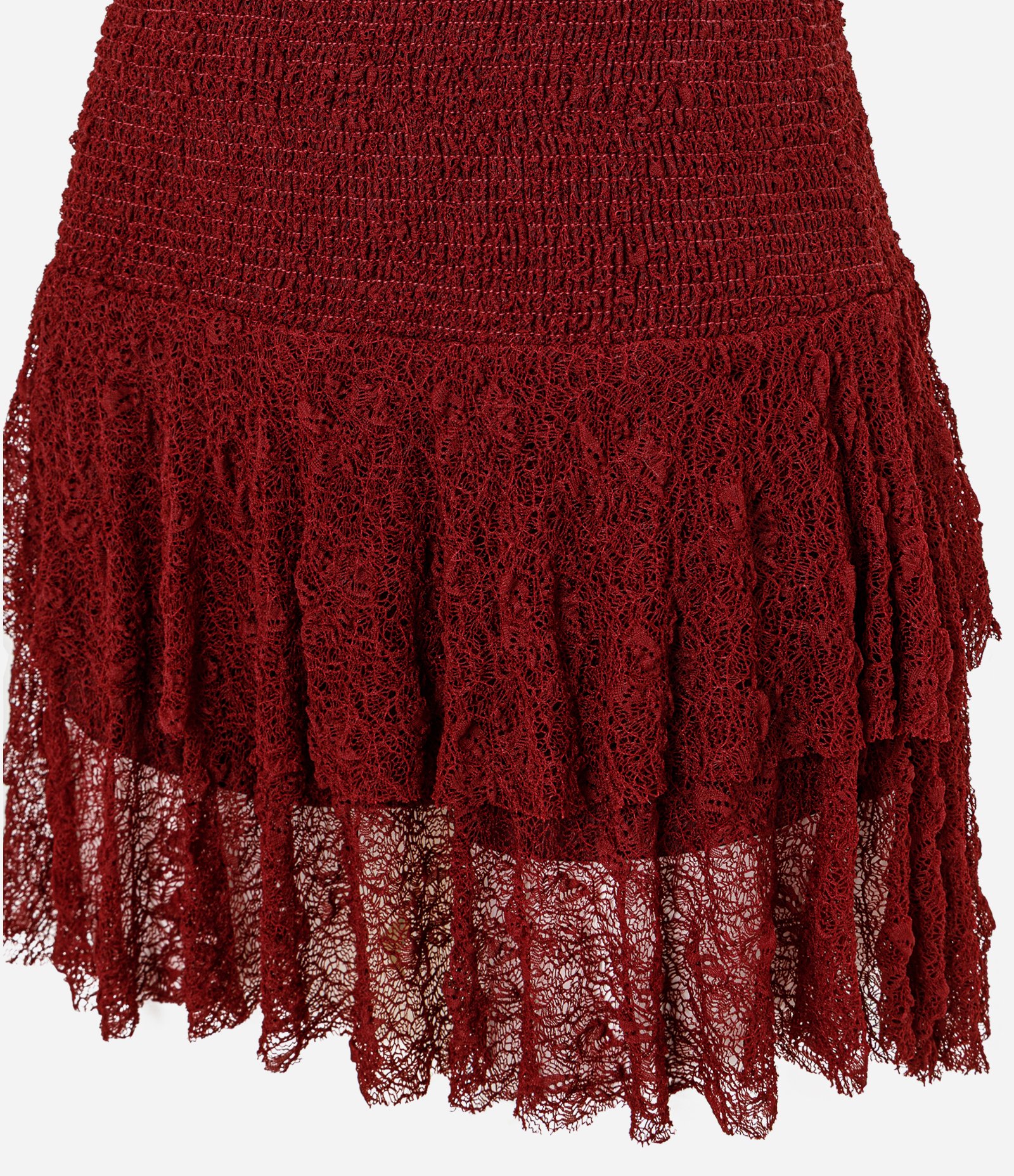 Short Saia em Renda Texturizada com Babados Bordô 6