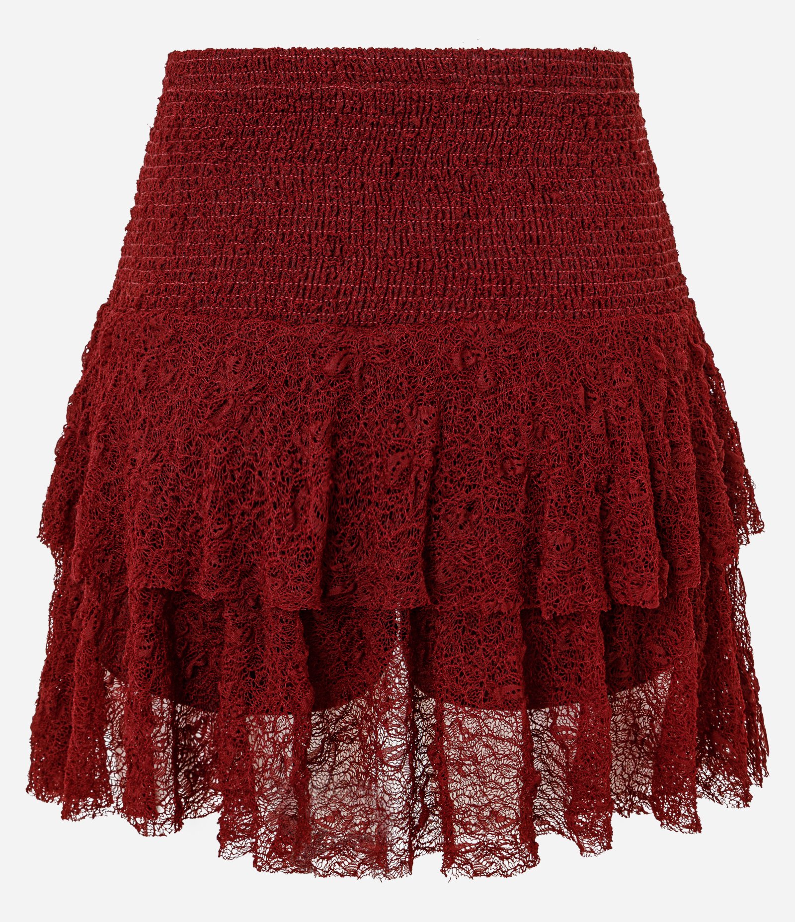 Short Saia em Renda Texturizada com Babados Bordô 7