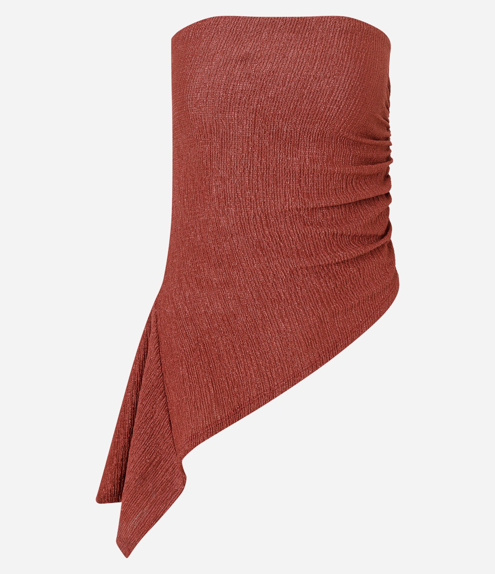 Blusa Tomara que Caia em Tule com Ponta Assimétrica Terracota Metalizado 1