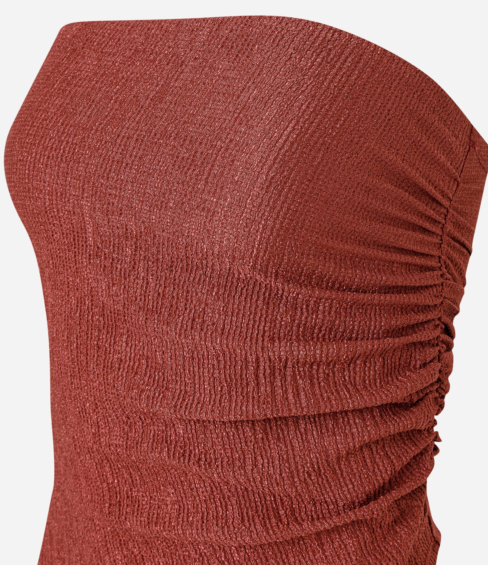 Blusa Tomara que Caia em Tule com Ponta Assimétrica Terracota Metalizado 2