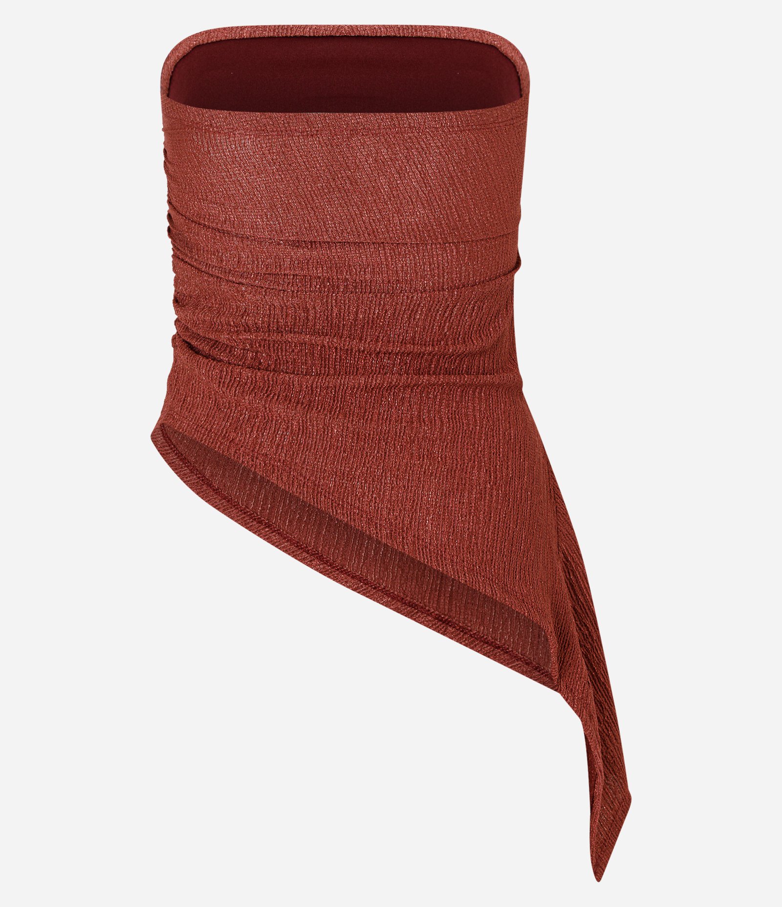 Blusa Tomara que Caia em Tule com Ponta Assimétrica Terracota Metalizado 3