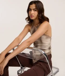 Blusa Frente Única em Tule com Rendas e Estampa Manchas