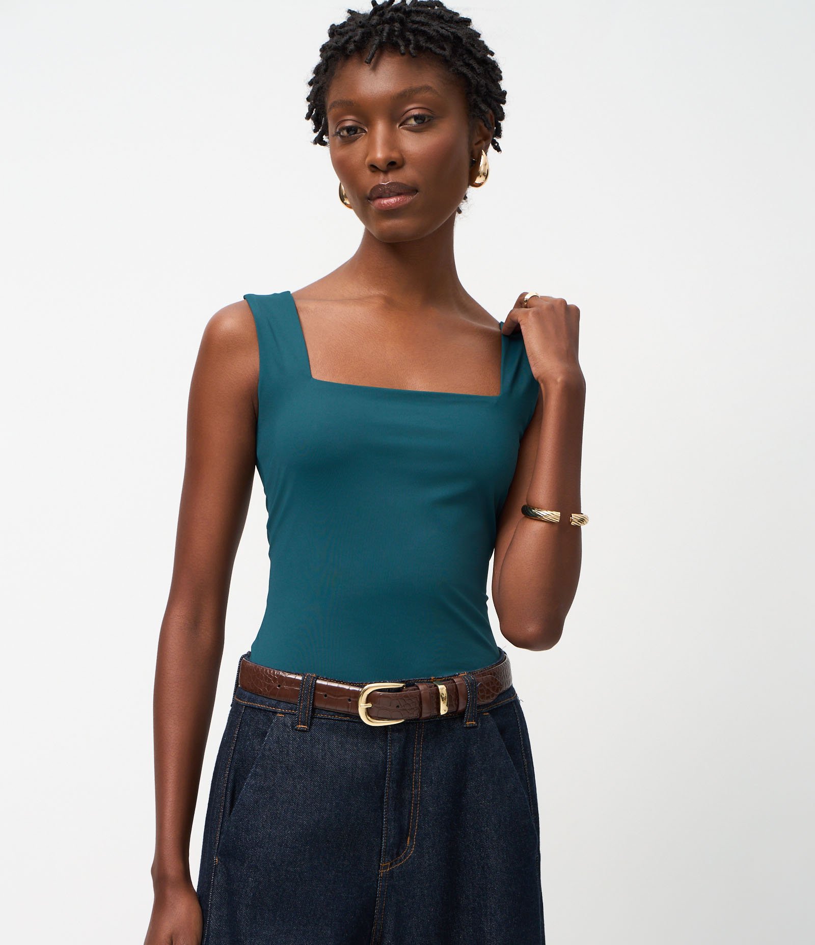 Blusa Básica em Poliamida com Decote Quadrado Azul Esverdeado 2