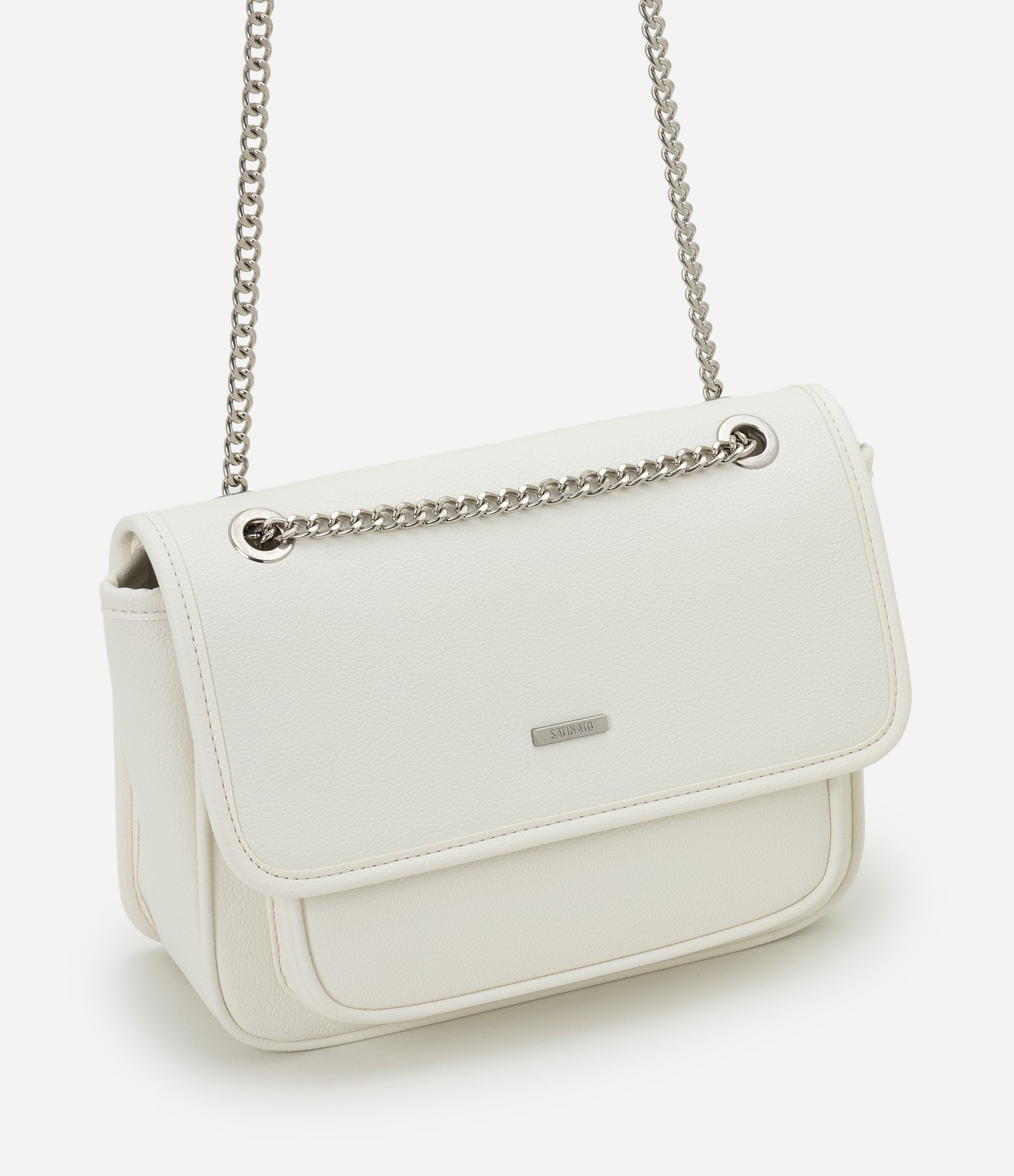 Bolsa Média em PU com Tampa e Alça Corrente Off White 1