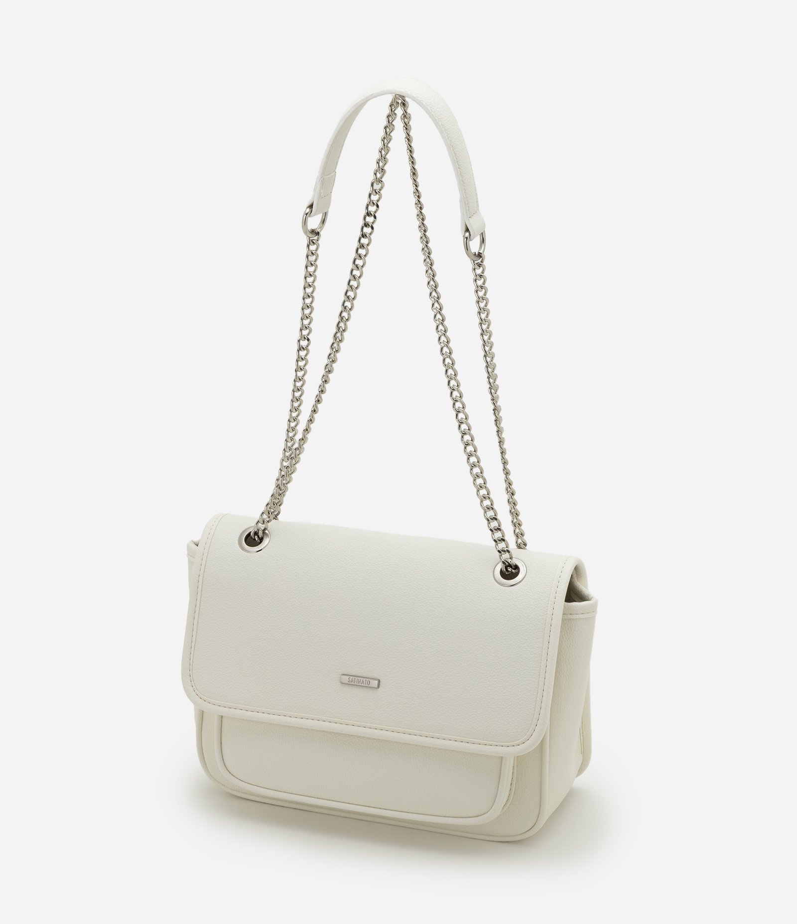 Bolsa Média em PU com Tampa e Alça Corrente Off White 5