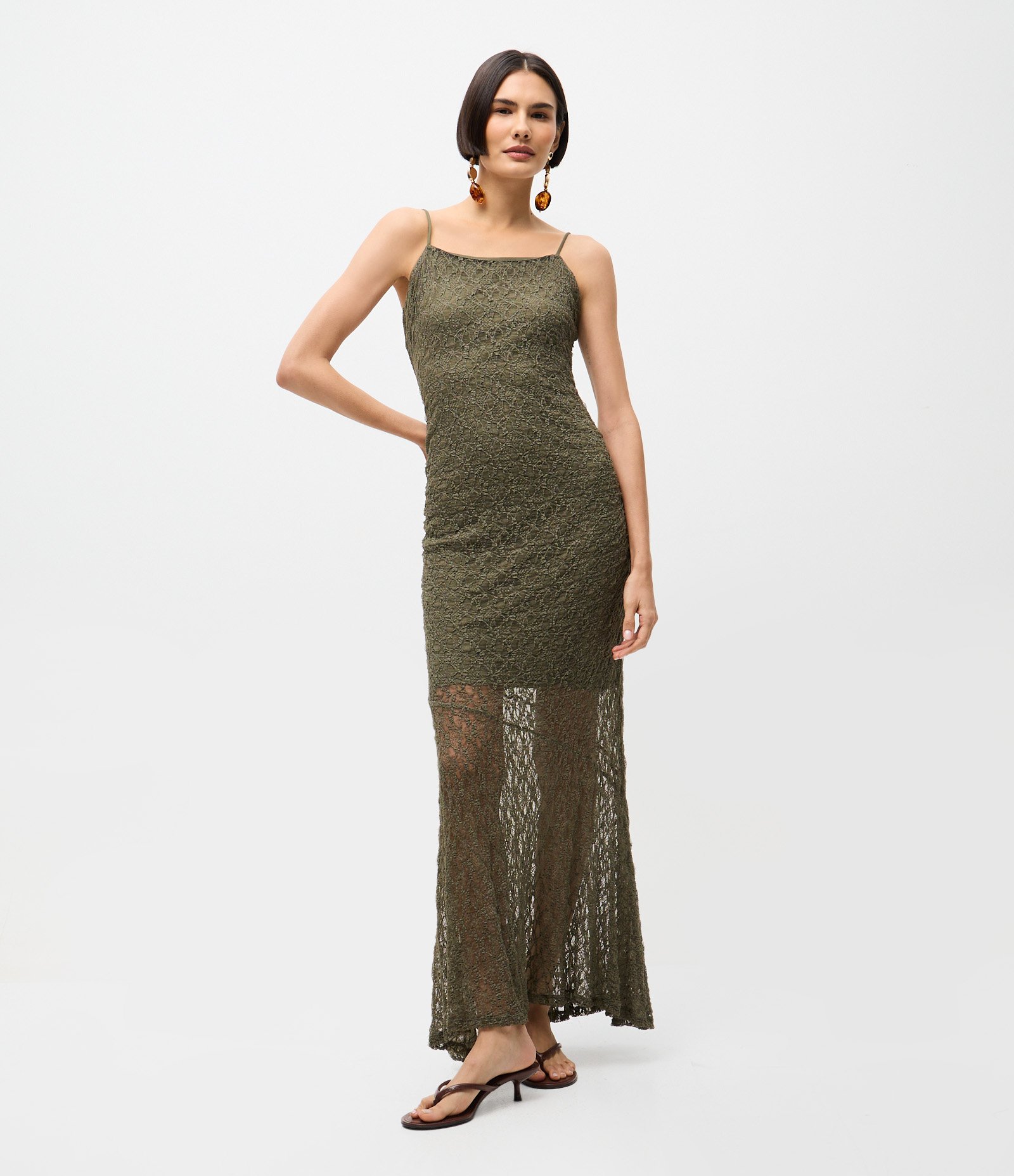Vestido Midi em Renda com Alça Fina Verde 1