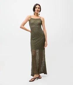 Vestido Midi em Renda com Alça Fina