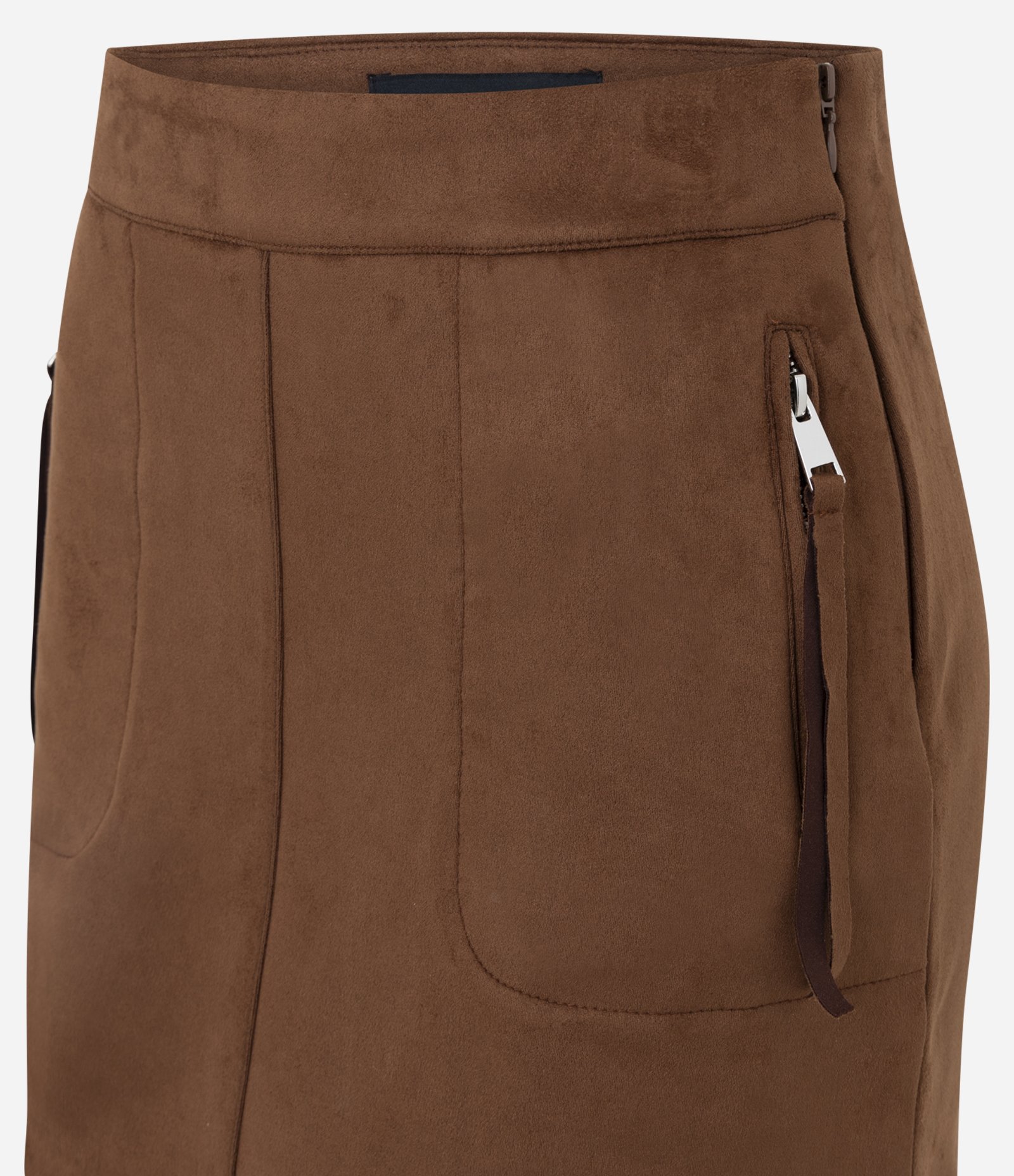 Saia Curta em Suede com Bolsos e Zíper Marrom 2