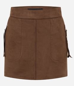 Saia Curta em Suede com Bolsos e Zíper