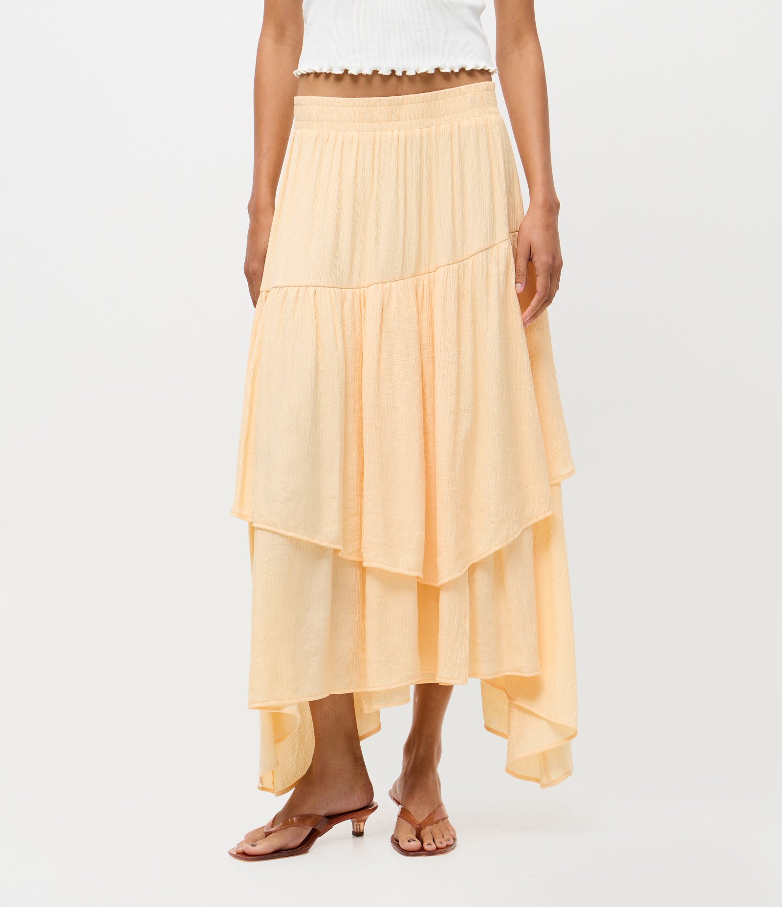 Saia Longa Assimétrica em Viscose Texturizada com Camadas Amarelo 1