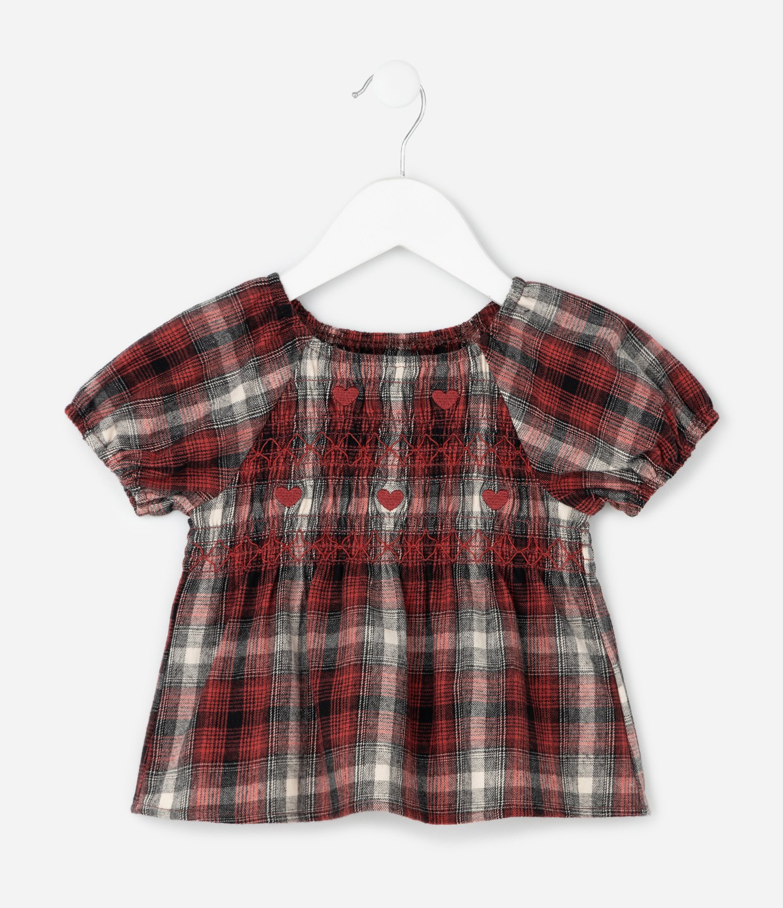 Blusa Infantil em Tricoline Xadrez com Corações – Tam 1 a 6 Anos Vermelho/Preto 1