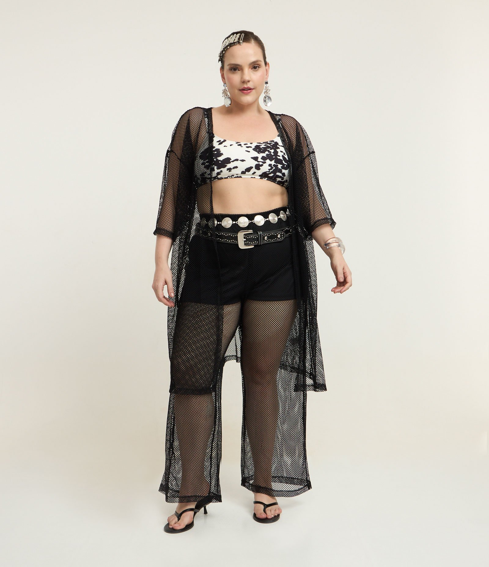 Kimono Alongado em Arrastão Curve & Plus Size Preto 2