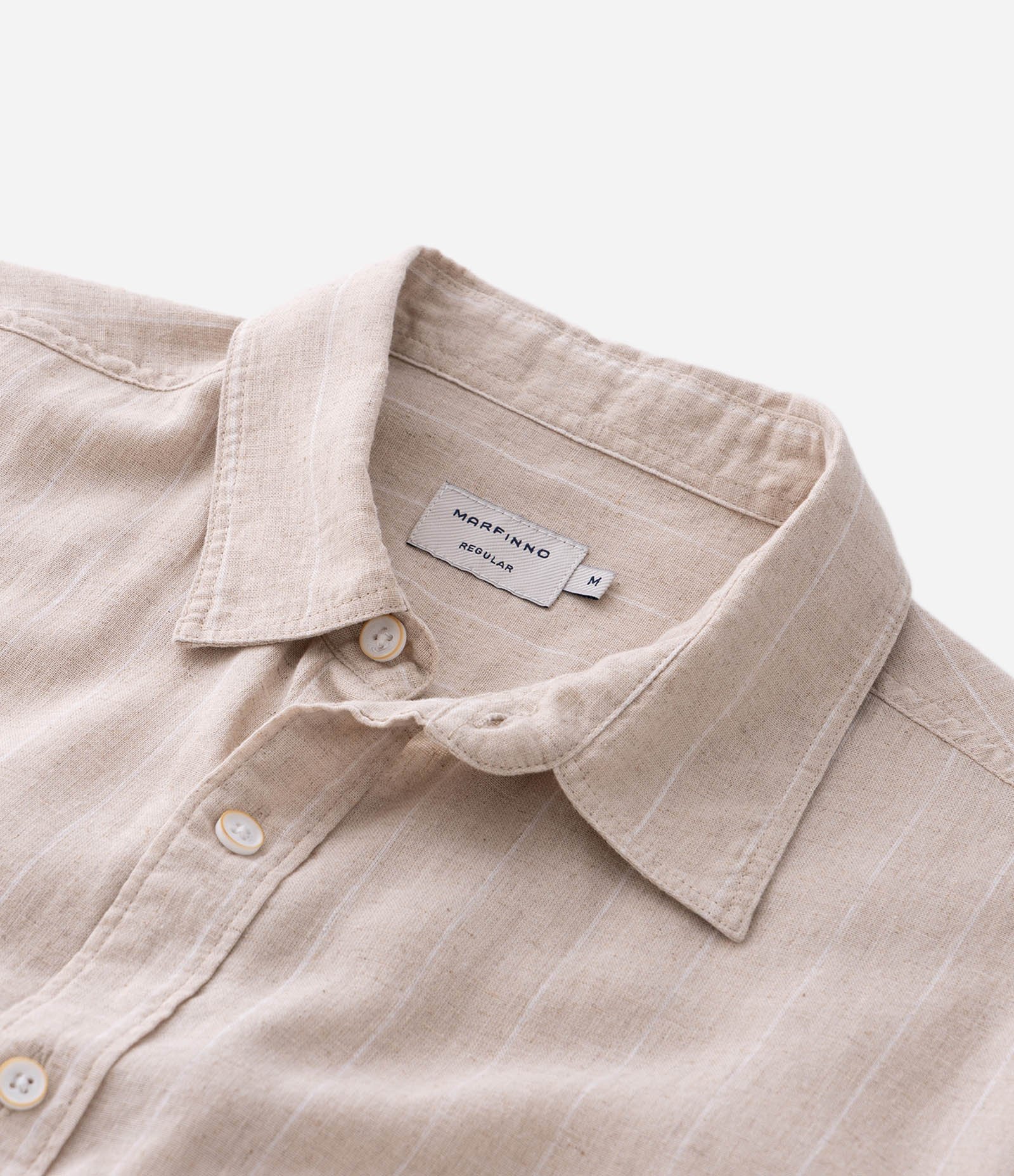 Camisa Manga Curta em Linho Listrada Bege 4