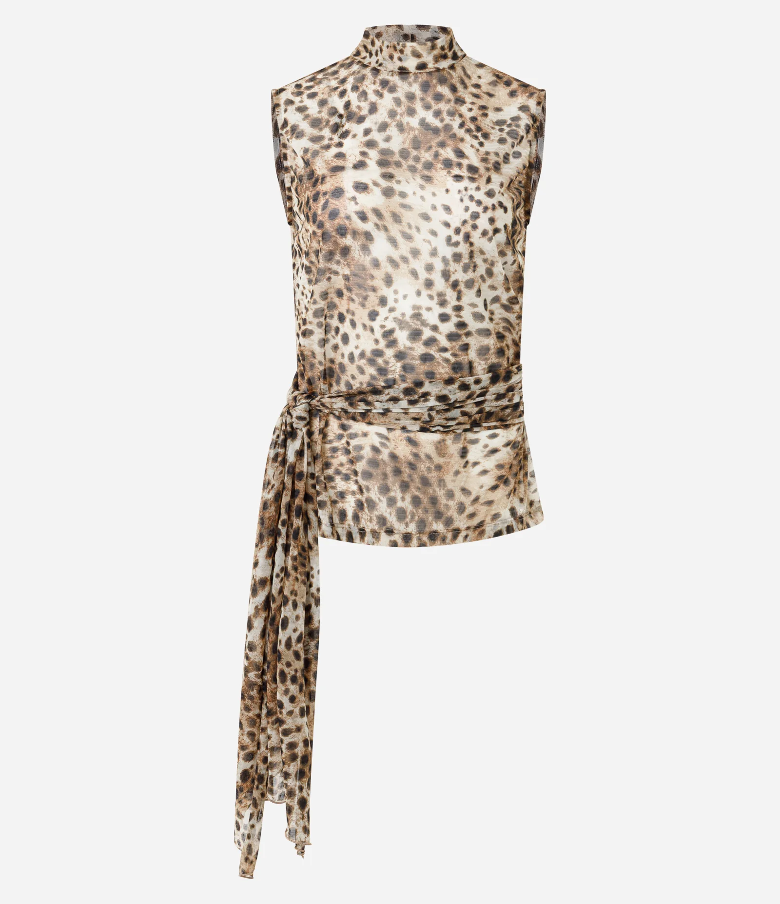 Blusa em Tule Alongada com Gola Alta e Estampa Animal Print Bege/Marrom 1