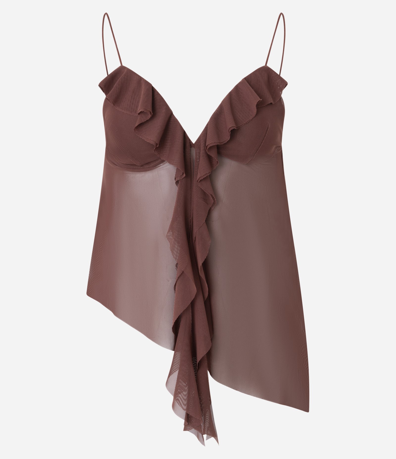 Blusa em Tule com Babado no Decote e Alças Finas Marrom 5