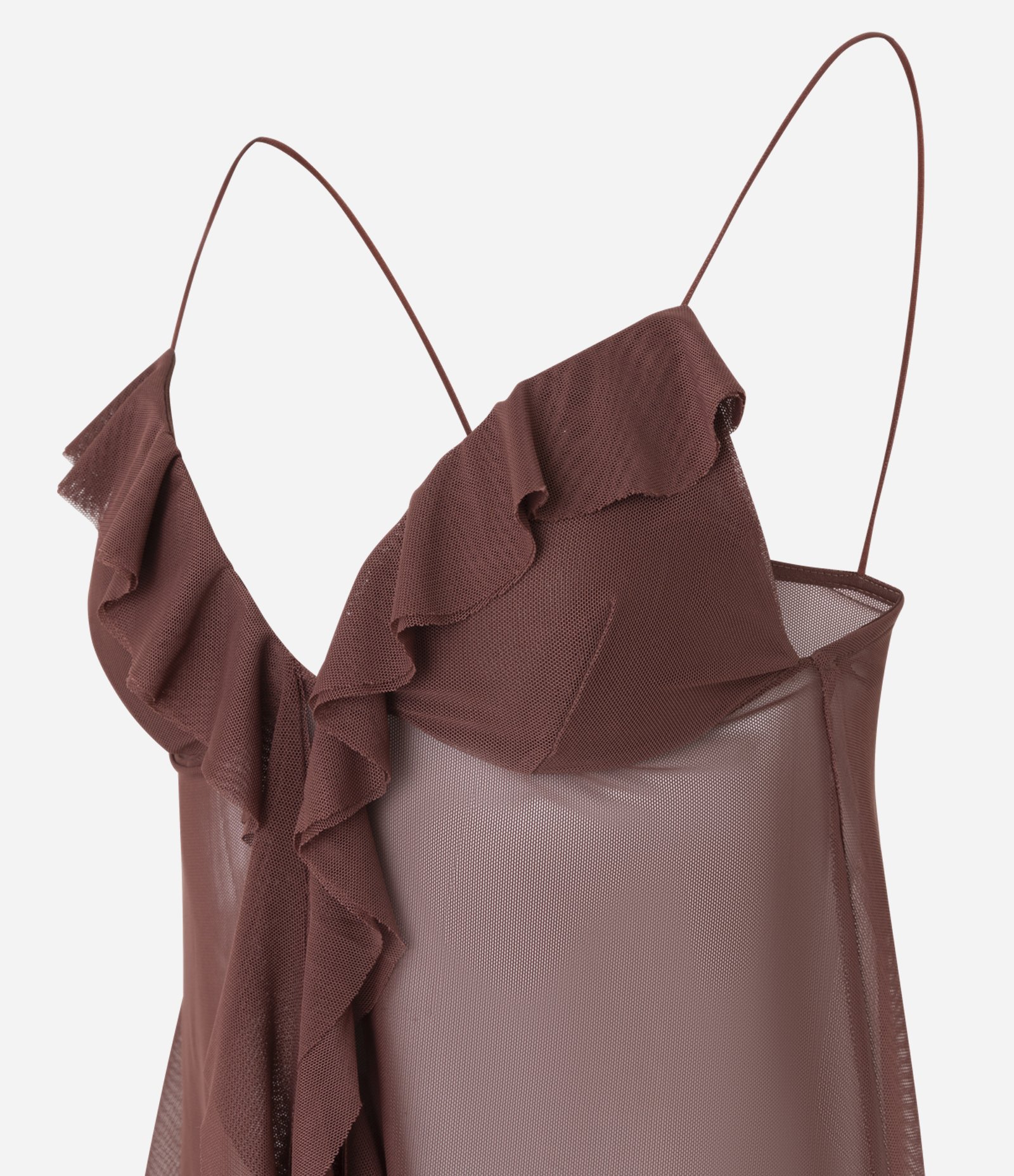 Blusa em Tule com Babado no Decote e Alças Finas Marrom 6