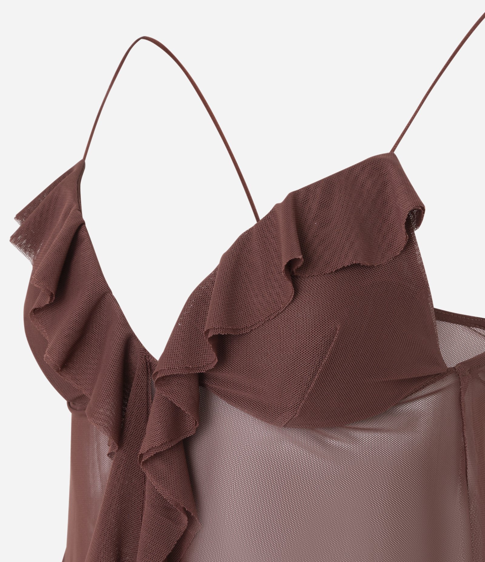 Blusa em Tule com Babado no Decote e Alças Finas Marrom 7