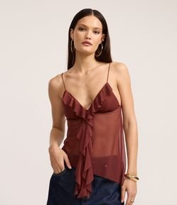 Blusa em Tule com Babado no Decote e Alças Finas