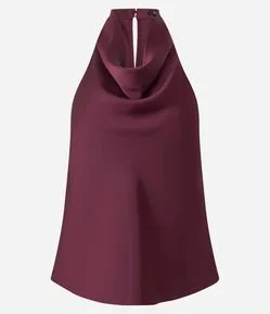 Blusa Frente Única em Cetim com Decote Degagê e Amarração nas Costas