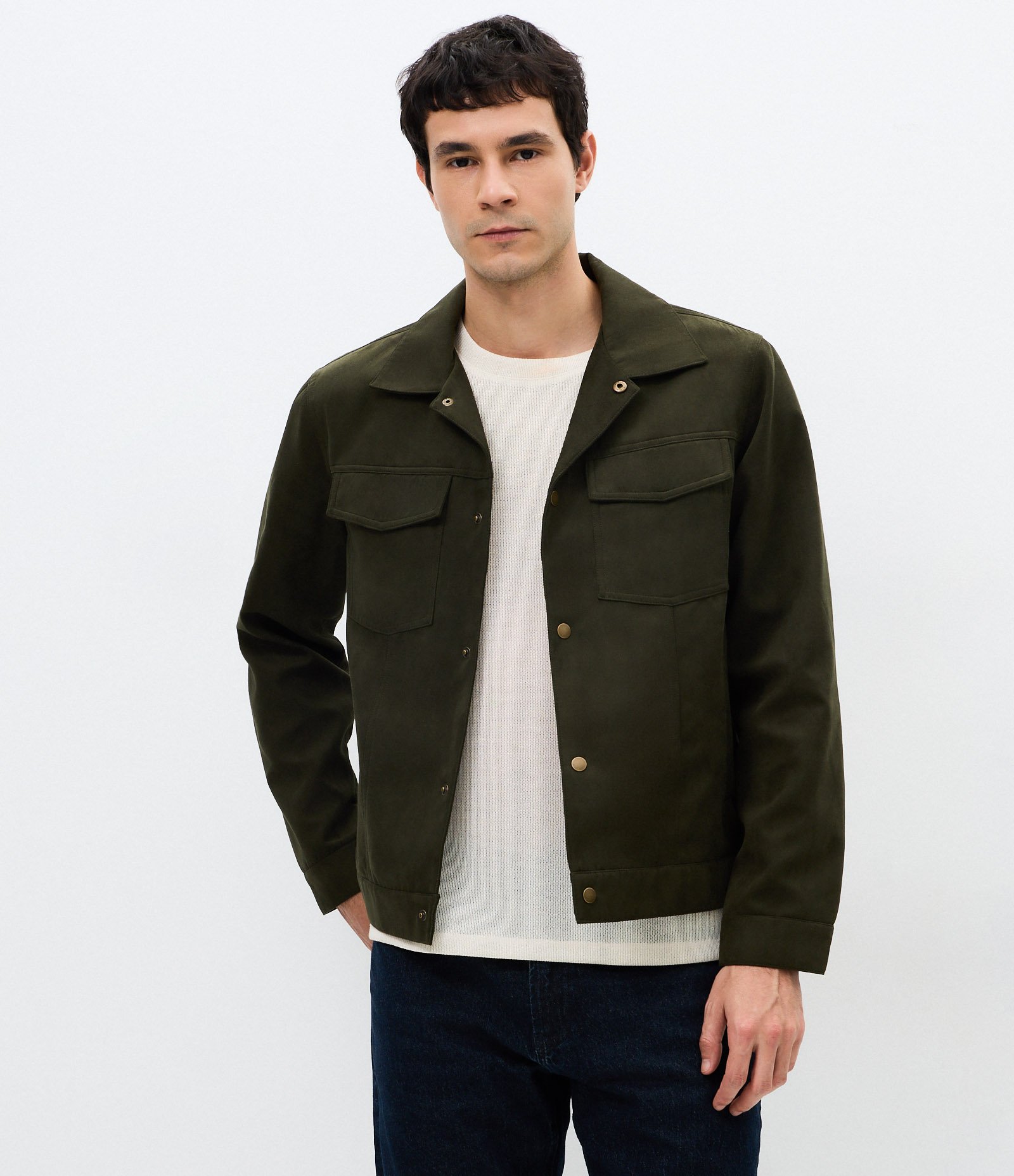Jaqueta Trucker em Suede com Botões Verde