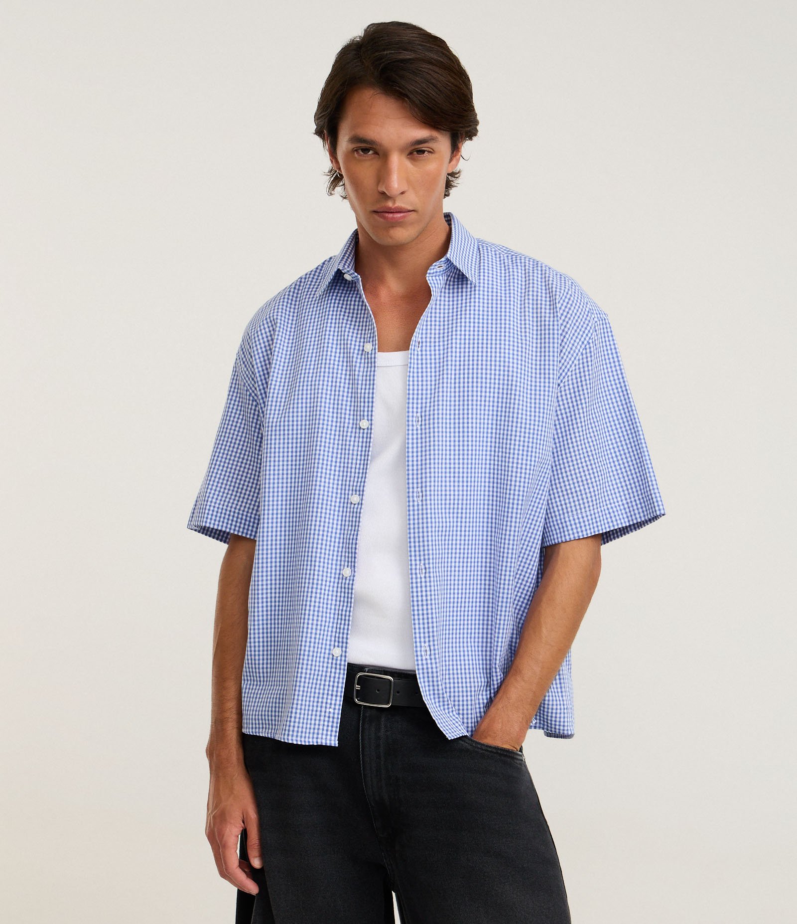Camisa Regular em Algodão com Estampa Xadrez Azul 1