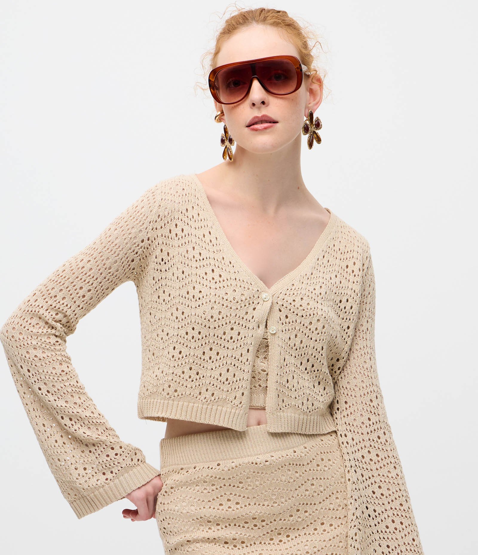 Cardigan Cropped em Tricô com Ponto Aberto e Manga Ampla Off White 3