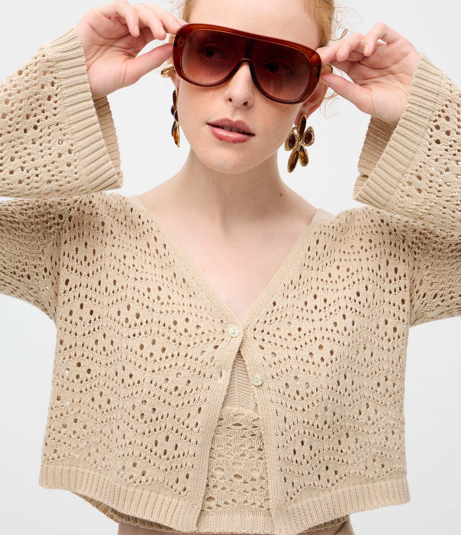 Cardigan Cropped em Tricô com Ponto Aberto e Manga Ampla Off White 4