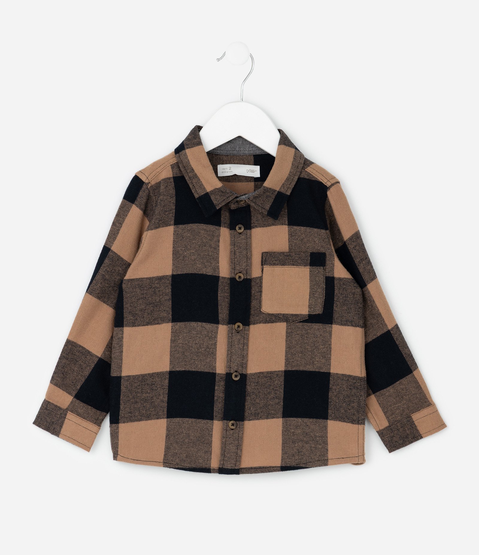 Camisa Infantil Xadrez Manga Longa em Flanela – Tam 1 a 6 Anos Bege/Preto 1