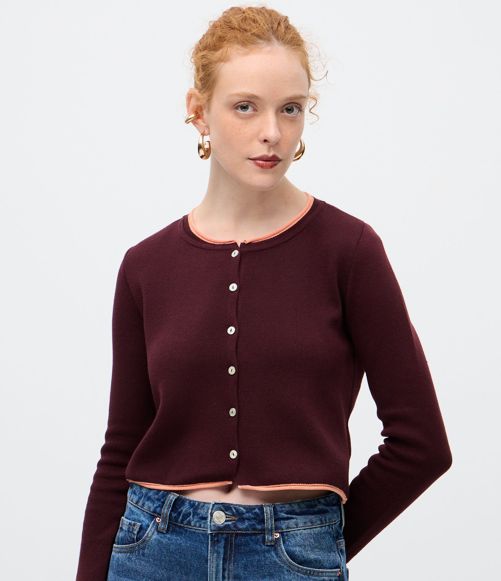 Casaco em Tricô com Acabamento Contrastante e Gola Redonda Vermelho 3