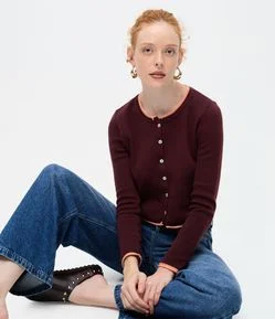 Casaco em Tricô com Acabamento Contrastante e Gola Redonda