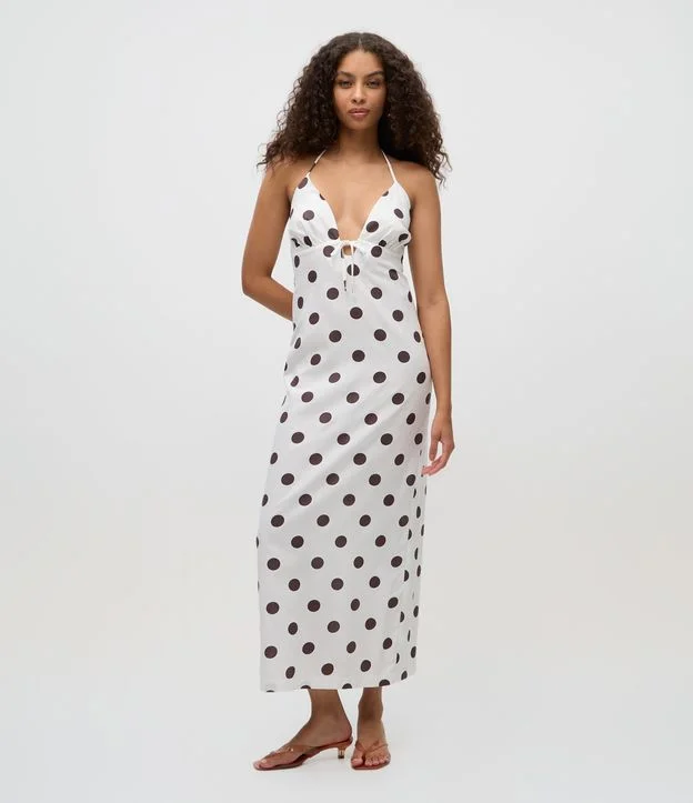 Vestido Long Midi em Viscolinho Estampa Poá com Amarração no Busto