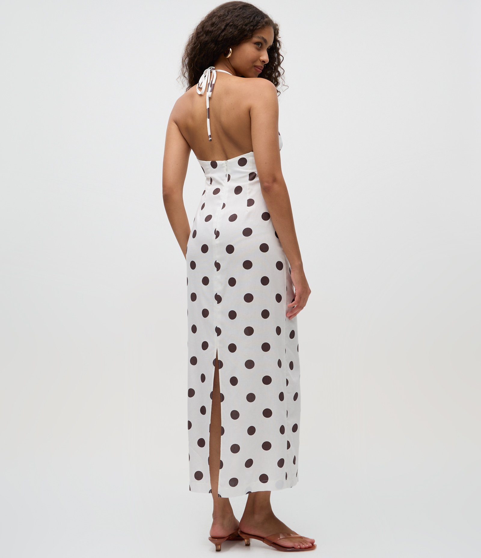 Vestido Long Midi em Viscolinho Estampa Poá com Amarração no Busto Branco 4