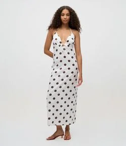 Vestido Long Midi em Viscolinho Estampa Poá com Amarração no Busto