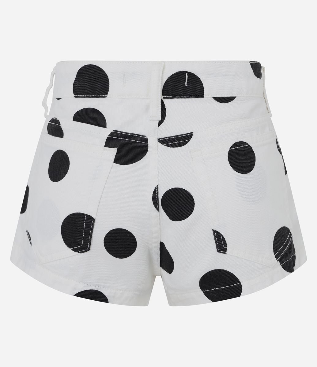 Short Micro Cintura Baixa em Jeans com Estampa Poá Off White/Estonado